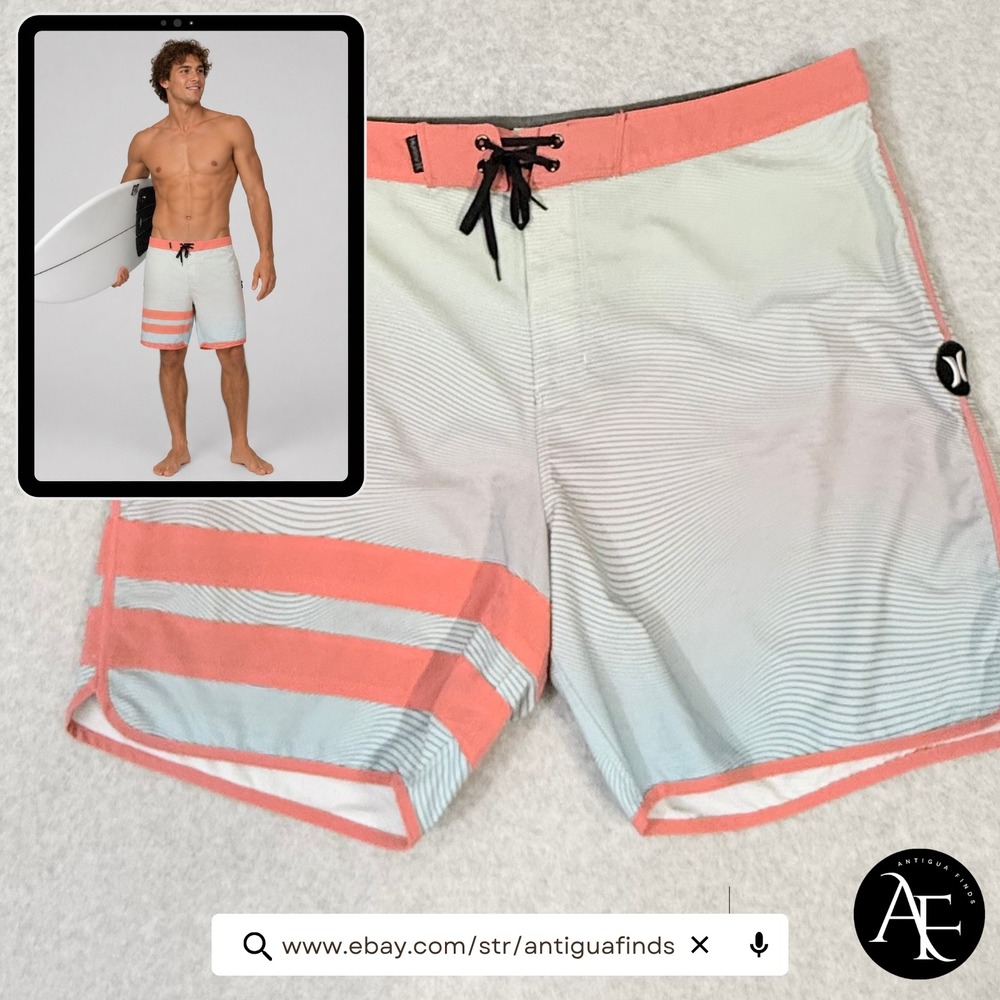 Hurley Phantom Mens Board Shorts Size 40 Coral Blue Wavy Stripe Swim Trunks
